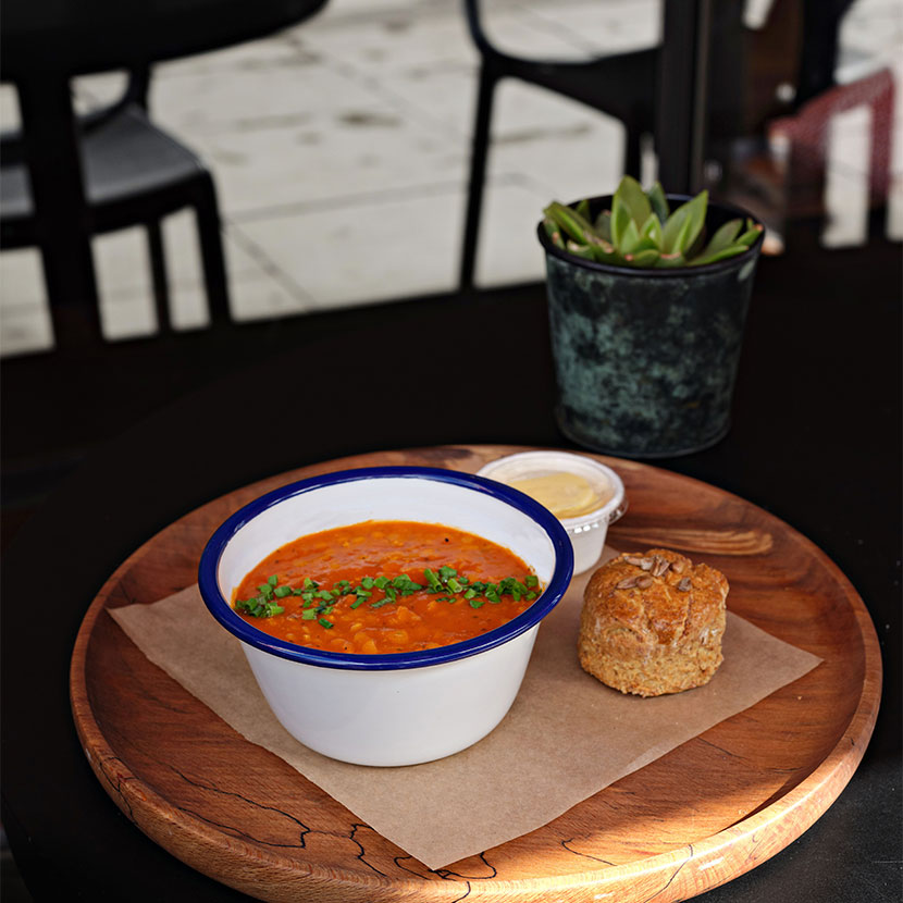 Soup in outdoor seating area